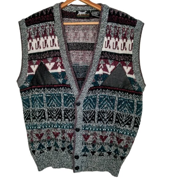 Vintage 1990s Impact Sweater Vest Men Large Gray Purple Geometric Leather Trim - Picture 1 of 16